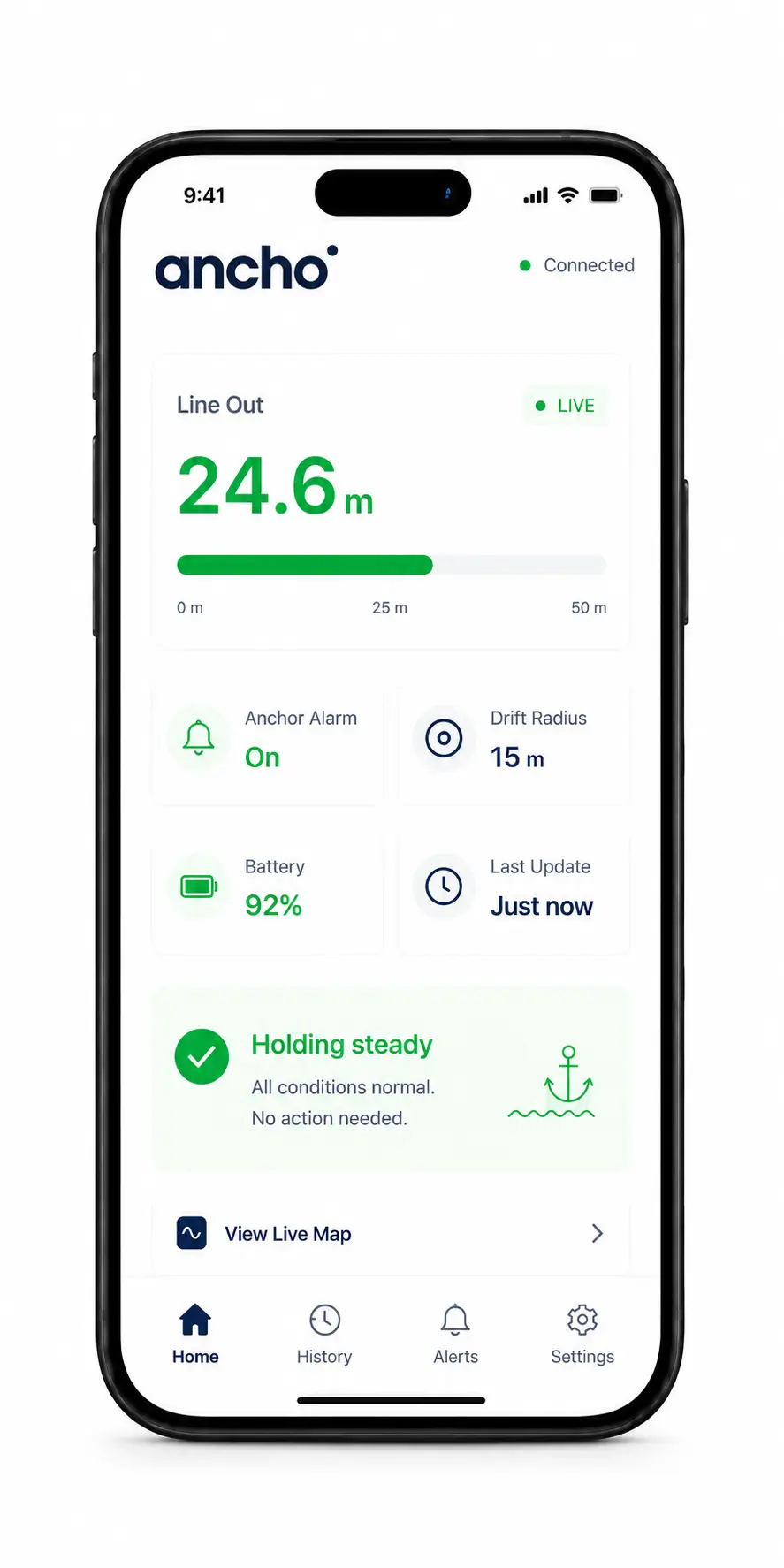 Ancho app Anchor Watch screen showing live line out of 24.6 m