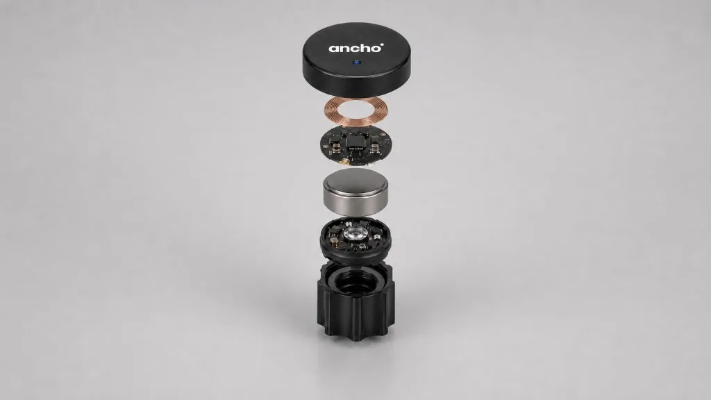 Exploded Ancho DROP showing coil, board, battery, and mount